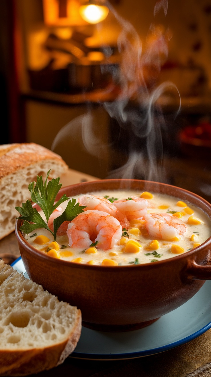 A bowl of creamy shrimp chowder with shrimp and corn, garnished with parsley, accompanied by crusty bread, in a cozy kitchen setting.